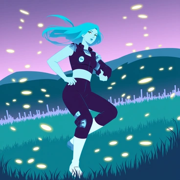 A dynamic anime character with vibrant blue hair and bright green eyes is sprinting through a lush field. The character is wearing a stylish, futuristic outfit that flows with the motion, featuring glowing accents. The field is filled with countless glowing fireflies, illuminating the surroundings with soft, yellow light. The character's expression is focused and determined as the fireflies swirl around them, creating a magical atmosphere. In the background, gentle rolling hills and a twilight sky add depth to the scene.