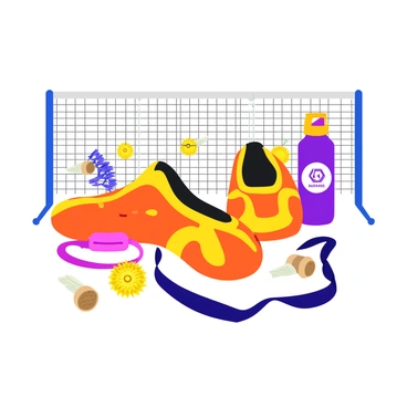 A pair of brightly colored badminton shoes with intricate designs sits prominently in the foreground. Nearby, a badminton net is stretched taut, with its black mesh clearly visible against a light background. Several shuttlecocks are scattered around, showcasing their feathered wings and cork bases. A water bottle is placed next to the shoes, featuring a bold logo and vibrant colors. The accessories, including a wristband and a headband, are neatly arranged around the shoes, adding to the dynamic composition.