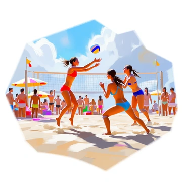 A lively beach volleyball game is taking place on a sandy beach. Two teams are actively engaged in the match, with players diving and jumping to hit the ball over the net. One player, wearing a bright red swimsuit, is mid-air, reaching for a powerful spike, while another player in a blue swimsuit prepares for defense. In the background, a group of enthusiastic spectators is cheering, some waving colorful flags and others holding drinks. Sun umbrellas and beach towels are scattered around, adding to the vibrant beach atmosphere. The sun shines brightly overhead, casting playful shadows in the sand.