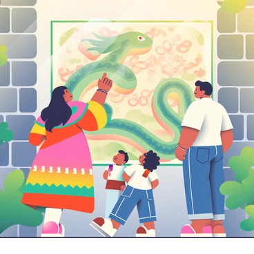 A family of four is standing in front of a large mural depicting "Quetzalcoatl," the feathered serpent deity. The mother, with long black hair and wearing a vibrant traditional dress, points at the mural as she explains its significance to her children. The father, with short brown hair and wearing a casual shirt and jeans, stands beside her, nodding thoughtfully. The two children, a boy with curly hair and a girl with braids, look up at the mural with curiosity, their expressions filled with wonder. The historical site features ancient stone walls and lush green vegetation surrounding them, creating a connection to their heritage. Sunlight casts warm tones over the scene, enhancing the vibrant colors of the mural and the family's attire.