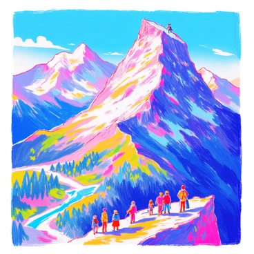 A mountain peak towers dramatically against a clear blue sky. The summit is jagged and rocky, partially covered with patches of snow. Various climbers in colorful gear are scaling the mountain, some using climbing ropes and gear. In the foreground, a group of adventurers is gathered, discussing their route. Below the peak, there is a lush green valley dotted with trees and a winding river that reflects the sunlight. The scene captures a sense of adventure and exploration in a breathtaking natural setting.