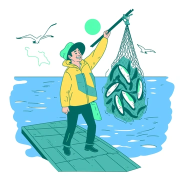 A teal fisherman with a broad smile is standing on a wooden dock, holding up a large net filled with shiny silver anchovies. The net is overflowing, with some of the slippery fish spilling out and flopping around. The fisherman is wearing a bright yellow rain jacket and a matching hat, contrasting with the blue water behind him. The sun is shining, creating ripples on the surface of the water, and a few seagulls can be seen flying in the background.