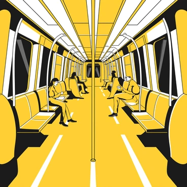 A nearly empty subway train interior late at night. The train's metal seats and poles are visible, reflecting the dim overhead lights. A few passengers are sitting in scattered seats, absorbed in their own activities, with one person reading a book while another gazes out the window. The floor is clean, and the walls display advertisements that are mostly unnoticeable in the low light. The ambiance feels quiet and still, with the occasional sound of the train's movement on the tracks.