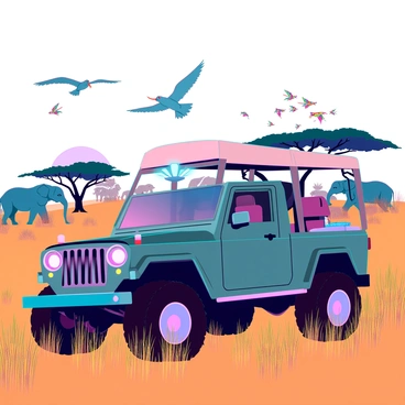 A rugged safari jeep with large tires and a canvas roof is traversing the golden savannah. The jeep has a metallic green color and is equipped with spotlights on the roof. In the background, a herd of elephants walks gracefully, their large ears flapping gently in the breeze. Nearby, a pride of lions lounges under the shade of an acacia tree. A group of colorful birds flies overhead, while tall grasses sway around the jeep, adding to the vibrant atmosphere of the wild landscape. The sun is setting on the horizon, casting a warm light over the scene.