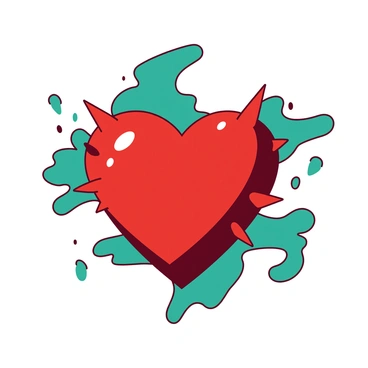 A red heart with jagged edges is centrally positioned in the image. Surrounding the heart are abstract shapes and forms in a contrasting teal color, creating a stark visual relationship with the heart. The jagged edges of the heart emphasize its sharpness and intensity, while the surrounding forms enhance the feeling of turmoil and conflict. The overall composition conveys a strong sense of emotional struggle, focused on the heart at the center.