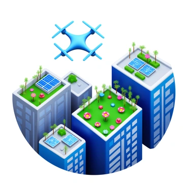 A drone hovering above an urban area, capturing a view of various rooftops. The rooftops include green gardens filled with plants and flowers, as well as modern helipads marked with "H" symbols. The drone is equipped with high-tech features, showcasing its sleek design and propellers. Below, the cityscape features a mix of high-rise buildings, some with solar panels and others with rooftop seating areas. The scene is vibrant, highlighting the contrast between urban architecture and nature.
