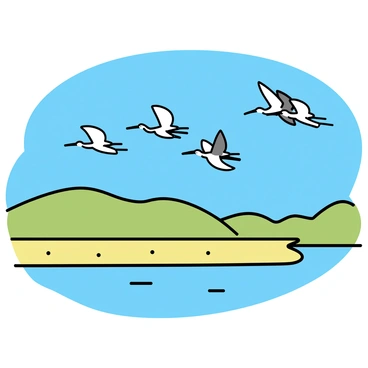 A group of cranes, each with elongated necks and long legs, is flying in a V-formation across a clear blue sky. The cranes are depicted in various shades of white and gray, their wings outstretched. Below them lies a vast landscape, featuring rolling green hills and patches of golden fields. A serene river winds through the terrain, reflecting the sunlight.