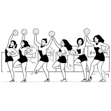 A group of cheerleaders in vibrant uniforms is performing a synchronized routine on the sidelines of a sports field. Each cheerleader has a distinct uniform featuring various patterns and designs. They are mid-motion, with arms raised and legs kicking high as they execute their choreography. The expressions on their faces show enthusiasm and determination. Some cheerleaders are holding pom-poms, while others are in dynamic poses. The grass of the field is visible beneath their feet, and the stadium stands can be seen in the background filled with spectators.