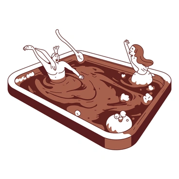 A group of people is swimming in a pool filled with swirling chocolate and fluffy white marshmallows. The pool has various shades of chocolate creating a rich, indulgent texture. One person is diving into the pool, creating ripples in the chocolate, while another is floating on a marshmallow, enjoying the playful atmosphere. There are bits of marshmallow scattered throughout the pool, some floating on the surface and others submerged. The bright sunlight reflects off the chocolaty water, enhancing the inviting scene.