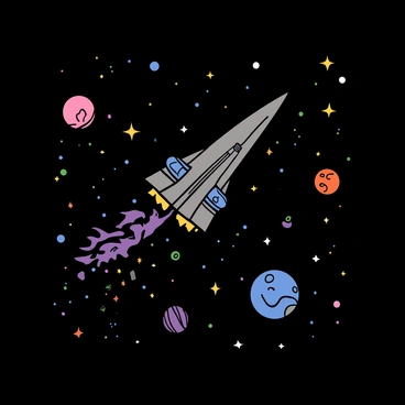 A futuristic spaceship with sleek, aerodynamic features and glowing blue accents is soaring through a star-filled cosmos. The spaceship is metallic silver with intricate detailing, reflecting distant stars. Planets of varying sizes and colors are scattered in the background, with vibrant nebulae swirling around. Bright stars twinkle against the deep blackness of space, adding depth to the scene. The spaceship's engines emit a soft glow, leaving a trail of light behind as it navigates through this vast universe.