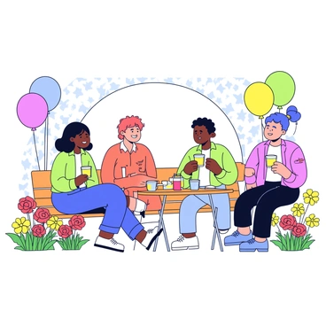 A garden party scene featuring a small group of people engaged in conversation. One person, an ambivert, is sitting on a wooden bench, wearing a light green shirt and relaxed jeans. They have a friendly smile while holding a cup of lemonade. The surrounding garden is filled with vibrant flowers, including red roses and yellow daisies. A picnic table nearby is set with colorful tableware, and a few balloons are tied to the back of the bench. Soft sunlight filters through the trees, creating a warm atmosphere.