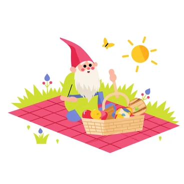 A garden gnome with a red pointed hat sits on a red checkered blanket spread out on the grass. The gnome has a white beard and a joyful expression. A wicker picnic basket filled with colorful fruits and sandwiches sits beside him. Nearby, there are small flowers blooming in various colors. The sun shines brightly, casting playful shadows on the blanket. A butterfly flutters above the picnic scene, adding to the cheerful atmosphere.