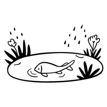 A carp swimming gracefully in a pond, its body gliding beneath the water's surface. Raindrops are falling from above, creating small ripples that spread across the water. The pond is surrounded by lush greenery, with delicate leaves swaying gently. The overall scene captures the tranquility of nature as the raindrops continue to fall.