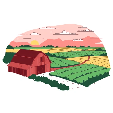A sprawling farmland features vast fields of crops, with rows of green and golden plants stretching towards the horizon. In the foreground, there is a rustic red barn with a weathered wooden exterior, standing prominently among the patches of crops. The sky above is filled with orange and pink hues as the sun sets, casting a warm glow over the landscape. Small clouds drift lazily, reflecting the colors of the sunset. A dirt path winds through the fields, leading up to the barn, creating a sense of depth in the scene.