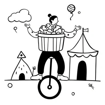 A laundry basket filled with colorful clothes is mounted on top of a unicycle. The unicycle is positioned on a performing area at a circus. A clown with large shoes and a polka dot outfit is skillfully balancing on the unicycle. The clown's arms are extended to the sides for stability, and there are various circus props scattered around, including juggling balls and a striped tent in the background. In the air, a few balloons are floating, adding to the festive atmosphere.