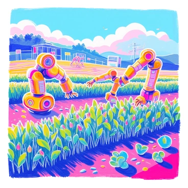 A smart farm features several robotic arms actively harvesting crops. The robotic arms are metallic with intricate joints and articulated fingers designed for precision. Rows of vibrant green crops stretch across the field, showcasing healthy plants ready for collection. In the background, advanced technology such as solar panels and digital screens are visible, indicating a high-tech environment. Clear blue skies serve as a backdrop to this innovative agricultural setting. The scene captures a blend of nature and technology.