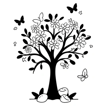 Hundreds of butterflies in various sizes and shapes fluttering around a blooming mango tree with clusters of white flowers. The tree stands tall with a strong trunk and lush green leaves. The ground is scattered with fallen mangoes beneath the tree. Some butterflies are perched on the flowers, while others are mid-flight, creating a dynamic atmosphere.
