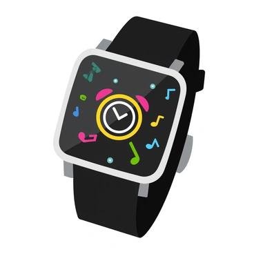 A digital wristwatch displaying a clear alarm symbol at its center. Surrounding the alarm symbol are tiny musical notes in various sizes, creating a dynamic effect. The watch face is sleek and modern, with a digital time display in bold numbers. The wristband is crafted from a glossy black material, contrasting against the vibrant colors of the alarm symbol and musical notes. The scene is set against a simple background to highlight the details of the wristwatch.