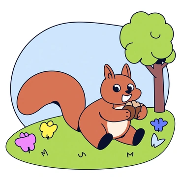 A playful squirrel with a bushy tail is holding a handful of acorns. The squirrel has bright, expressive eyes and a soft brown fur coat. It is situated in a vibrant park filled with green grass and colorful flowers. Nearby, there are tall trees with lush foliage providing shade. The scene includes a clear blue sky above, adding to the cheerful atmosphere.