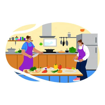 A bright kitchen with modern appliances and wooden cabinets. Two people are standing at the countertop, one is chopping vegetables while the other is stirring a pot on the stove. Various ingredients are spread out around them, including colorful bell peppers, fresh herbs, and spices. On the wall, there are hanging pots and pans, as well as a variety of cookbooks on a shelf. A window lets in natural light, illuminating the scene. In the background, there is a table set with plates and utensils, suggesting that a meal will soon be served.