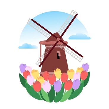 A traditional Dutch windmill with wooden blades is standing tall amidst a vibrant tulip field filled with flowers in various colors like red, yellow, pink, and purple. The windmill features a wooden structure and is surrounded by a variety of tulips stretching across the foreground. Above, a bright blue sky stretches out, dotted with a few fluffy white clouds. The scene conveys a picturesque landscape where nature and architecture harmoniously coexist.