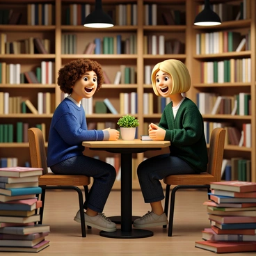 Two friends sitting at a wooden table inside a cozy bookshop filled with shelves of books. One friend has curly brown hair and is wearing a blue sweater, while the other has straight blonde hair and is dressed in a green cardigan. They are both smiling and animatedly discussing their favorite novels. Surrounding them are stacks of books, both open and closed, with a small potted plant on the table. Warm light from overhead lamps creates a welcoming atmosphere.