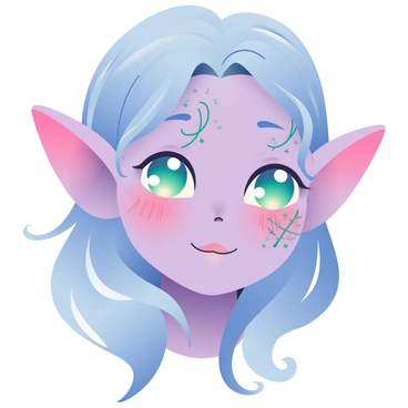 A close-up of a mystical elf face with delicate features and pointed ears. The elf has luminescent eyes that glow softly in shades of blue and green, creating an ethereal effect. Intricate tattoos, resembling vines and celestial patterns, adorn the elf's skin, adding a sense of ancient magic. The skin tone is a pale lavender, and the elf's hair cascades in long, silvery waves, framing the face beautifully. The background is softly blurred to enhance the focus on the elf's captivating expression and detail.