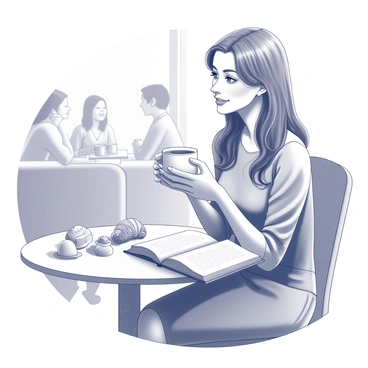 A woman is sitting at a small café table, holding a coffee cup in one hand while the other hand rests on an open novel in front of her. She has long hair, elegantly styled, and is wearing a casual yet fashionable outfit. On the table, there are several pastries displayed, including a croissant and a muffin. The woman appears focused and absorbed in her reading, with a slight smile on her face, as she occasionally takes a sip from her coffee. The café has an inviting atmosphere, with soft lighting and other patrons in the background, chatting and enjoying their drinks.
