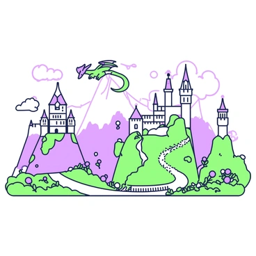A fantastical landscape stretches across the canvas, featuring several castles perched atop rocky cliffs. Each castle has tall spires and intricate architecture, surrounded by lush greenery and flowing rivers. In the sky above, two dragons are soaring gracefully, their wings outstretched. One dragon is positioned above the first castle, while the other circles around a distant mountain. The foreground is dotted with vibrant flowers and a winding path leading towards the nearest castle, inviting viewers to explore this enchanted realm.
