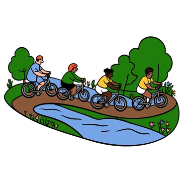 A group of three cyclists with varying skin tones is speeding along a winding path beside a calm river. The first cyclist has a light skin tone and is wearing a red helmet and a blue cycling jersey. The second cyclist has a medium skin tone and is dressed in a green jersey with black shorts. The third cyclist has a dark skin tone with braided hair, wearing a yellow jersey and white shorts. The river is gently reflecting the sky and surrounded by lush green trees on both sides. The path is bordered by wildflowers in various colors, adding vibrancy to the scene.