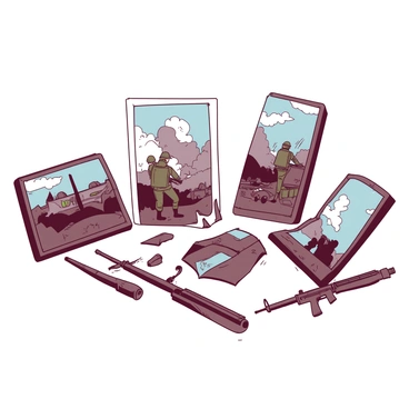 A collection of broken mirrors is scattered across a battlefield, each shard reflecting a unique perspective of a chaotic war scene. In one mirror, soldiers are advancing with weapons drawn, while another shows a smoke-filled sky with explosions in the distance. A third mirror captures a moment of a soldier helping a comrade, and yet another displays the desolation of abandoned vehicles. Each reflection reveals a distinct part of the chaotic environment, creating a fragmented yet vivid portrayal of conflict. The sharp edges of the mirrors catch the light, adding to the intensity of the scene.