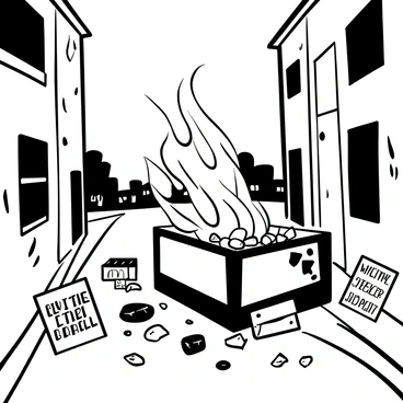 A dumpster on fire in an alley, with flames rising and smoke billowing upwards. The dumpster is surrounded by scattered trash and debris, creating a chaotic atmosphere. Two title cards are placed nearby, one displaying the words "A Story of Survival," and the other saying "In the Shadows." The alley walls are marked with graffiti, adding to the gritty ambiance of the scene. A distant silhouette of a city skyline is faintly visible in the background.