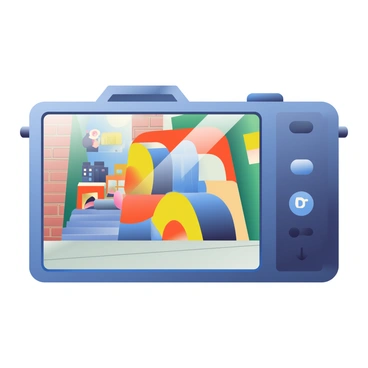A digital camera with a sleek black body is in the foreground. The camera's screen displays a vibrant piece of street art featuring a colorful mural with abstract shapes and bold patterns. The mural incorporates shades of blue, orange, and yellow, depicting an urban landscape with stylized buildings and figures. In the background, there are hints of a city street, with a blurred view of brick walls and greenery. The camera is angled slightly to the right, highlighting both the screen and the intricate details of the street art.