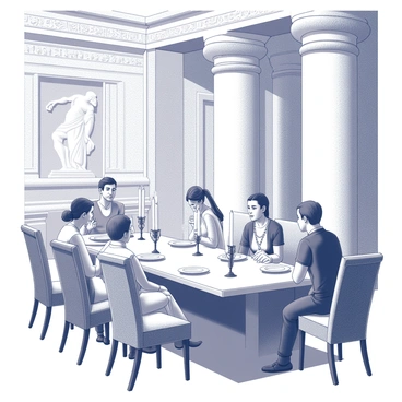 A family seated around a long, ornate dining table within a grand Greek palace. The table is set with elegant dishware, and elaborate candelabras are positioned along its length. Various expressions of tension can be seen on the faces of the family members; some are furrowing their brows while others are casting sidelong glances. Large, decorative columns support the high ceiling, and intricate wall carvings depicting ancient scenes are visible in the background. The overall atmosphere conveys a sense of discord among the family members as they engage in a strained conversation.