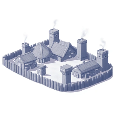 A fortified settlement featuring wooden palisades encircling the area. The palisades are made of large timber logs standing upright, creating a protective barrier. Several watchtowers are positioned at strategic points along the perimeter, constructed from timber and rising above the palisades. The towers have wooden platforms at the top, providing elevated views of the surroundings. Inside the settlement, there are thatched-roof buildings with smoke rising from chimneys, indicating activity within. The layout includes pathways connecting various structures, creating a bustling atmosphere.