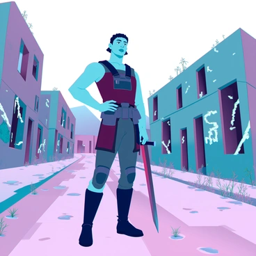 A forlorn soldier with rugged features and a worn uniform stands guard in an empty, desolate town. His posture is tense, with one hand resting on the hilt of a sheathed sword at his side. The town is characterized by crumbling buildings with shattered windows and graffiti-covered walls, giving a sense of abandonment. A dusty road extends in front of him, lined with overgrown weeds and debris. The sky above is overcast, casting a dim light over the scene, while distant mountains loom in the background, hinting at the isolation of this place.