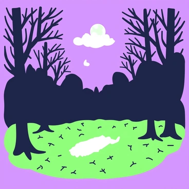 A forest clearing is illuminated by moonlight, casting a soft glow over the scene. In the center of the clearing, there is an outline of a body marked with "white chalk." Surrounding the clearing, tall, dark trees loom, their branches creating intricate patterns against the night sky. A faint mist hovers above the ground, enhancing the sense of mystery. The moon hangs low, partially obscured by clouds, contributing to the dimly-lit atmosphere of the clearing. The ground is covered with fallen leaves and twigs, adding texture to the forest floor.