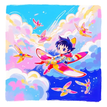 A small robot boy with large expressive eyes, known as "Astro Boy," is soaring through the sky. He is depicted with metallic skin and a distinctive black hairstyle. Surrounding him, a group of various robotic birds with sleek designs and colorful panels flaps their wings gracefully. The scene is set against a backdrop of fluffy white clouds that appear soft and billowy, creating a dreamy atmosphere. Sunlight filters through the clouds, highlighting the metallic surfaces of Astro Boy and the birds.