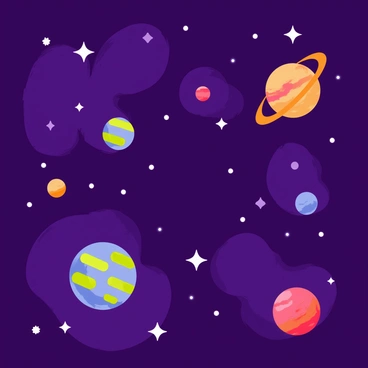 A cosmic galaxy illustration featuring a deep purple backdrop filled with swirling stars. Bright white stars twinkle against the backdrop, creating a sense of depth. Several colorful planets of varying sizes are scattered throughout the scene, including a vibrant blue planet with green stripes and a fiery red planet with orange rings. Glowing nebulae in shades of pink, blue, and green float among the stars, adding a dynamic and ethereal quality to the galaxy. The overall composition conveys a sense of vastness and wonder in the universe.