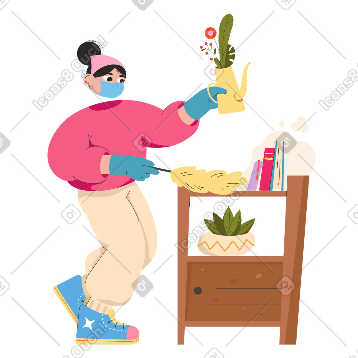 Woman in a mask is cleaning and brushing dust off shelf of books flowers illustration Dizzy style download PNG, SVG