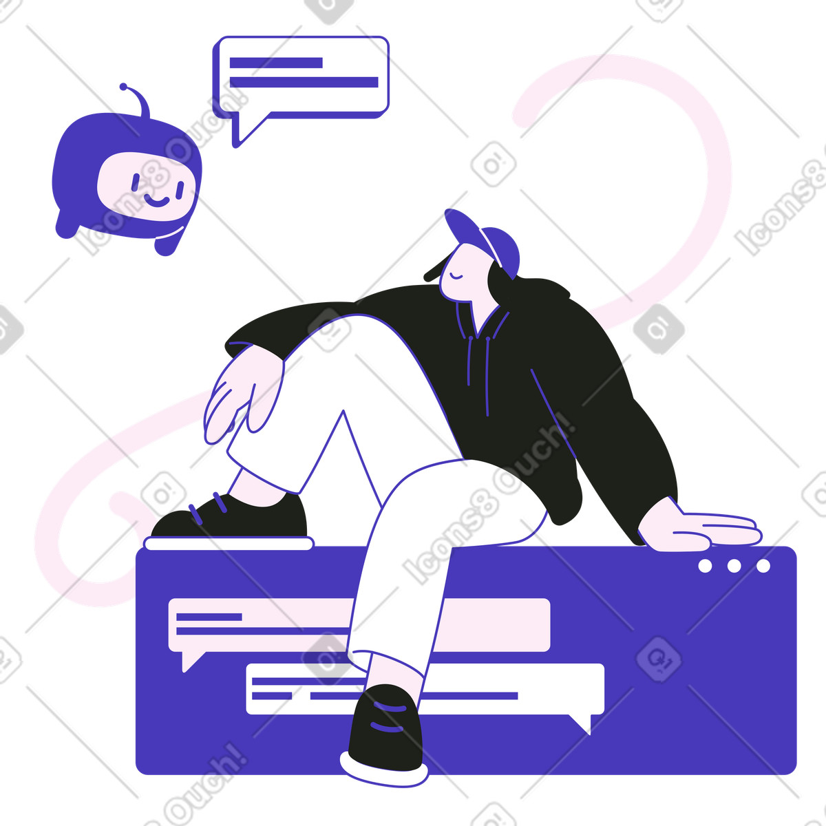 Uomo che parla con un bot di chat illustrazione in stile Blueberry scarica in PNG, SVG