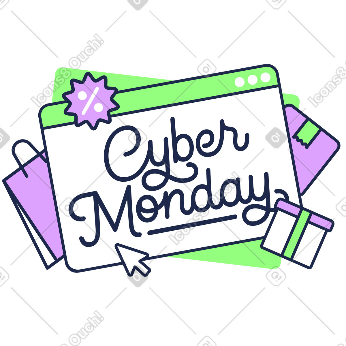 Cyber monday text with shopping bag and boxes, online retail holiday illustrazione in stile Outline scarica in PNG, SVG
