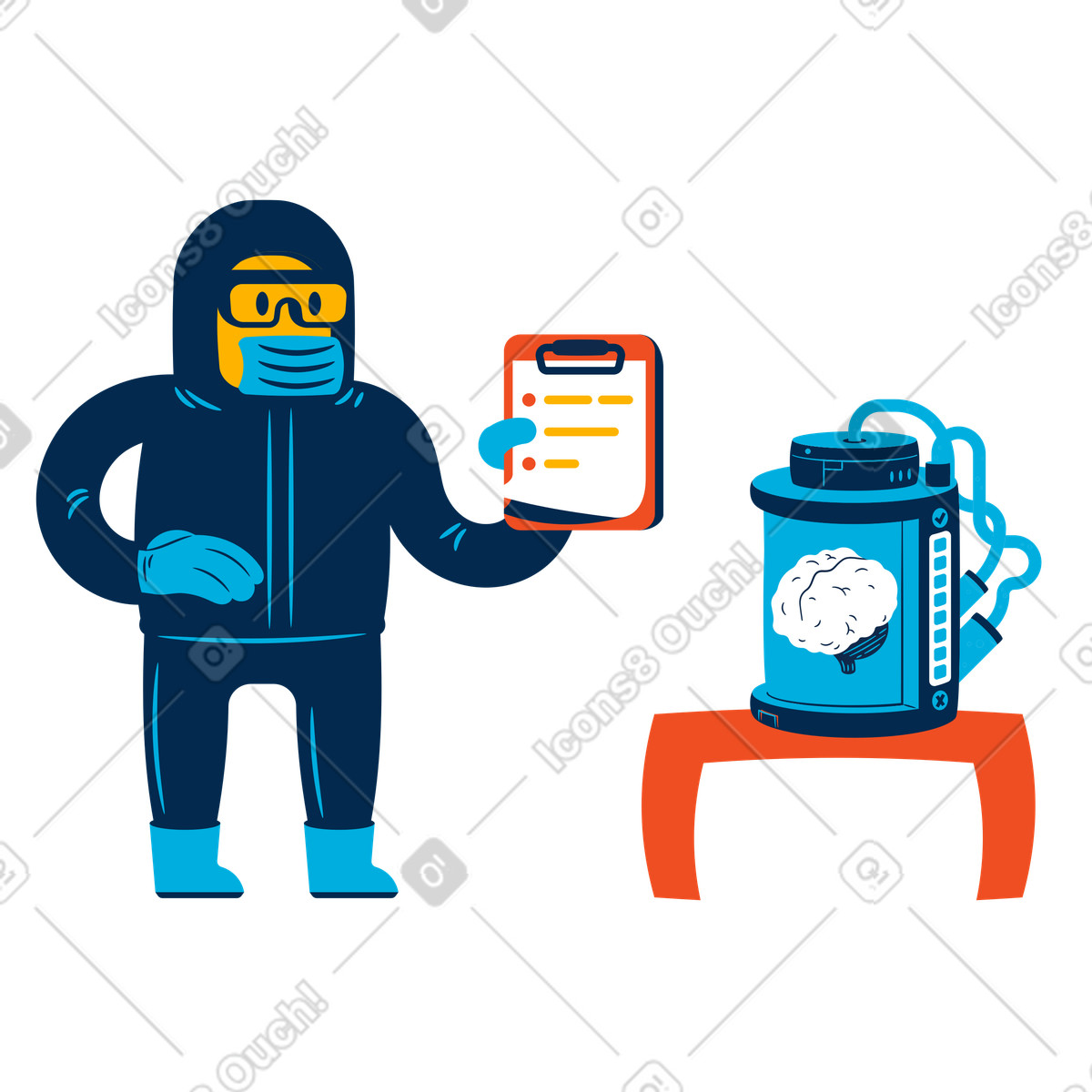 Ilustración Hombre estudiando el cerebro en un laboratorio. estilo Flame a descargar PNG y SVG