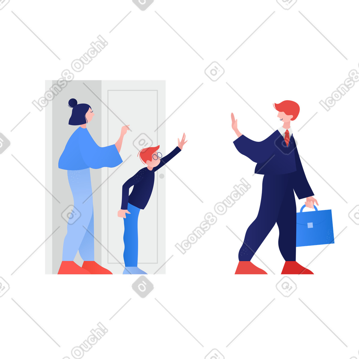 Ilustración Mamá e hijo despiden a papá para ir trabajar en estilo Clip descargar en PNG y SVG