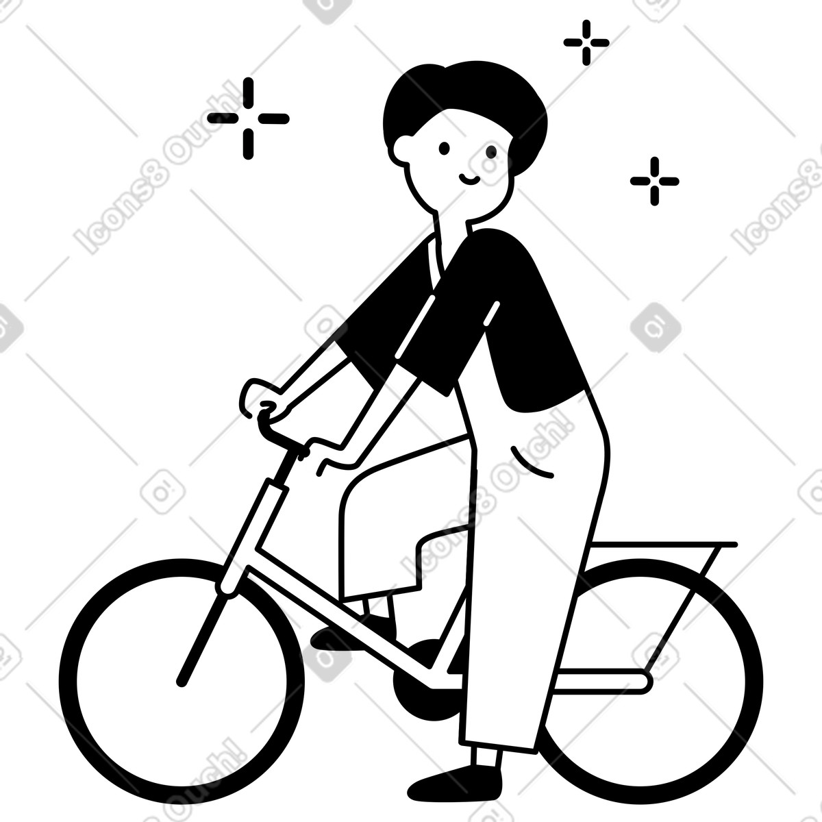 Cyclist riding minimal bicycle silhouette with relaxed happy expression-Illustration im Notion Line Art-Stil als Download in PNG, SVG