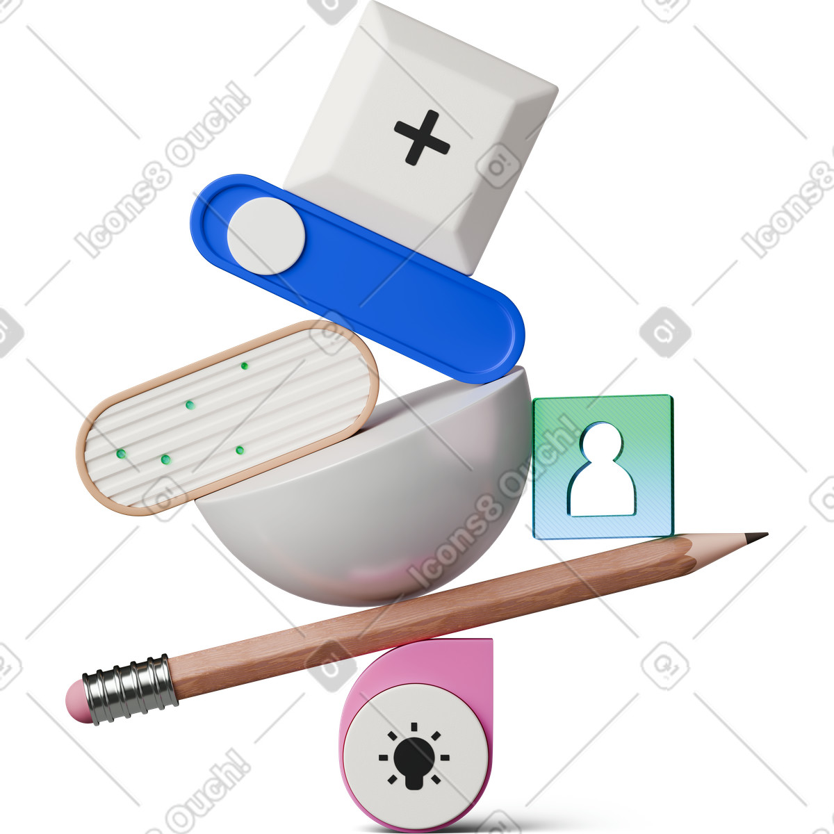 Pyramid with idea key and pencil animierte Illustration im 3D Hygge-Stil als Download in GIF, Lottie (JSON), AE