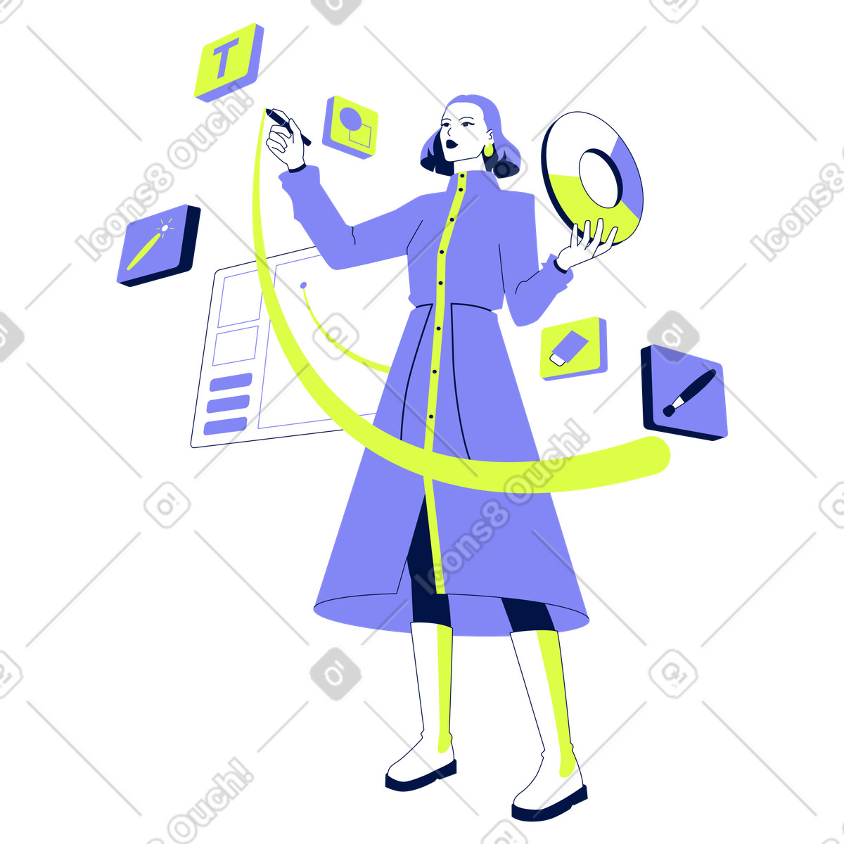 Illustration Digital artist using graphic design software, creative project workflow dans le style Glow à télécharger aux formats PNG, SVG