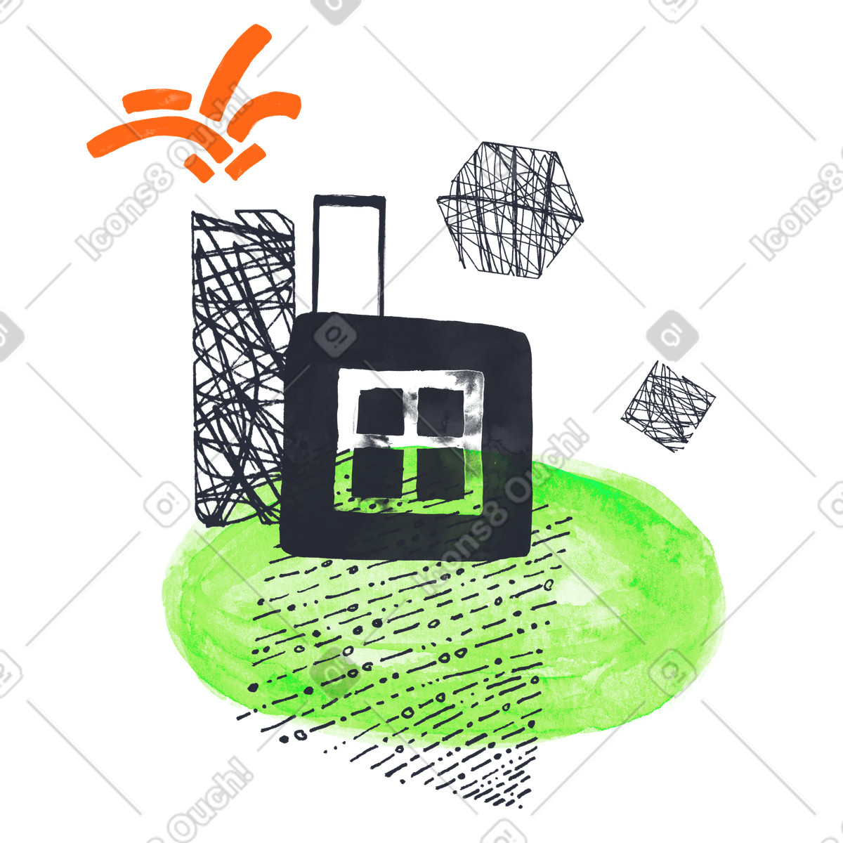 Illustration Usine dangereuse diffusant des fumées toxiques dans le style Inky à télécharger aux formats PNG, SVG