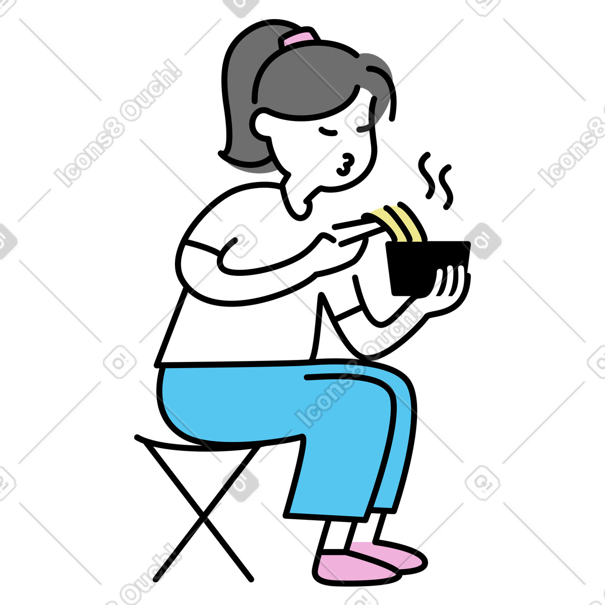 Ilustración animada Eating noodles with chopsticks, asian cuisine lunch break en estilo Mochi a descargar en GIF, Lottie (JSON), AE