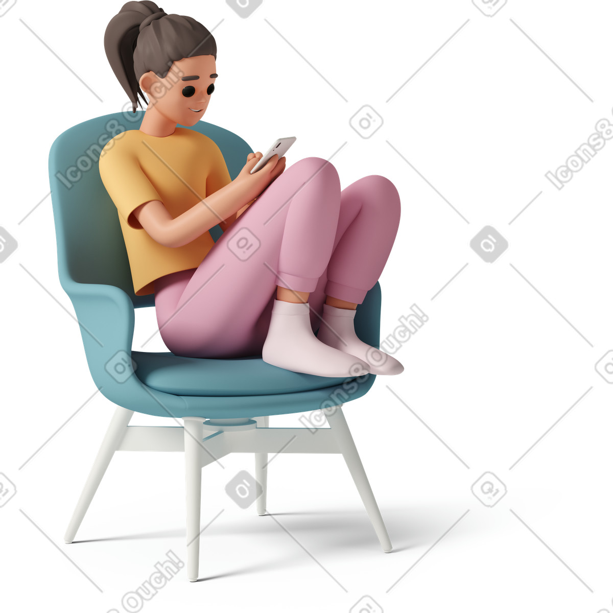3D Casual life 스타일의 Girl sitting in armchair and looking at phone 일러스트레이션 PNG, SVG 다운로드